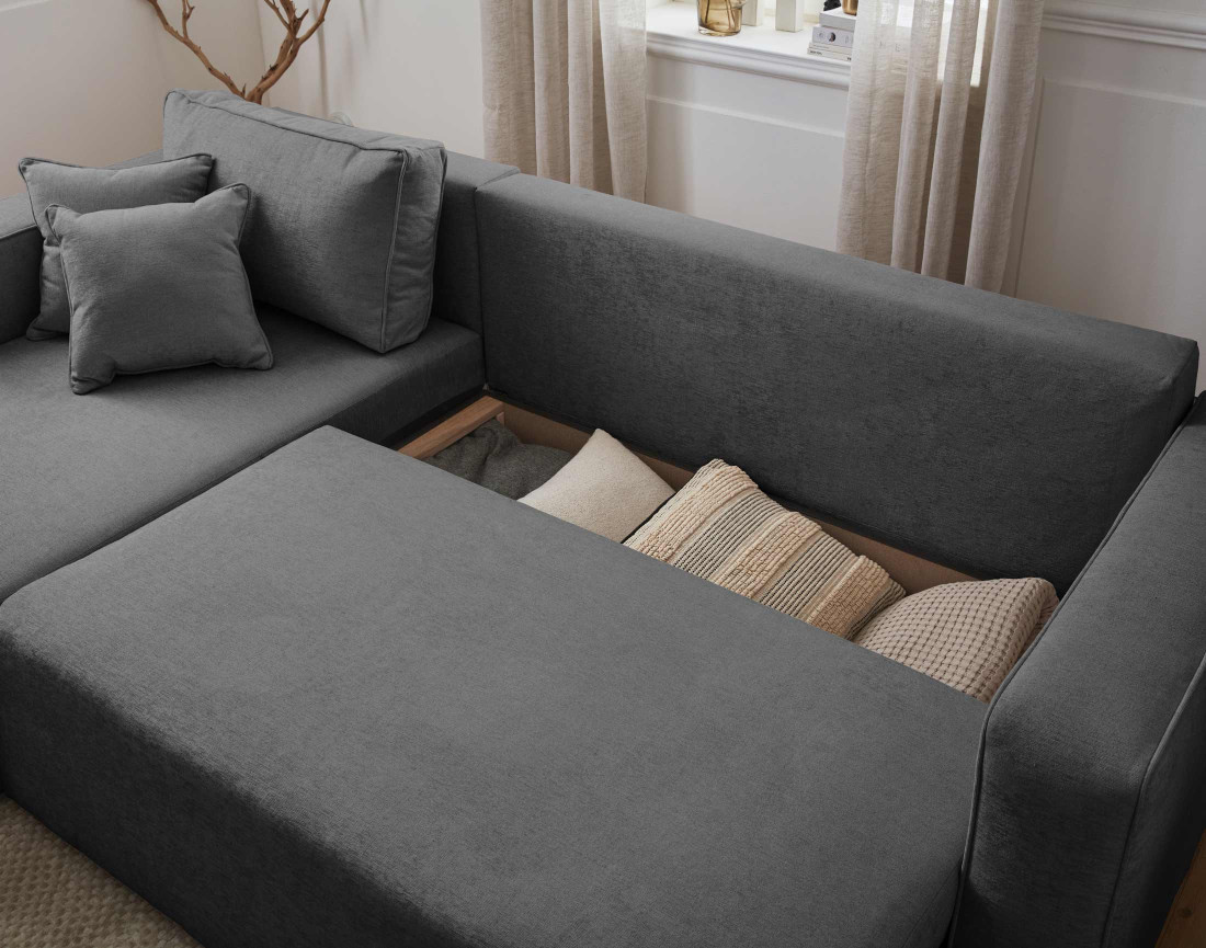 Canapé d'angle réversible 4 places convertible avec coffre en tissu Topaze