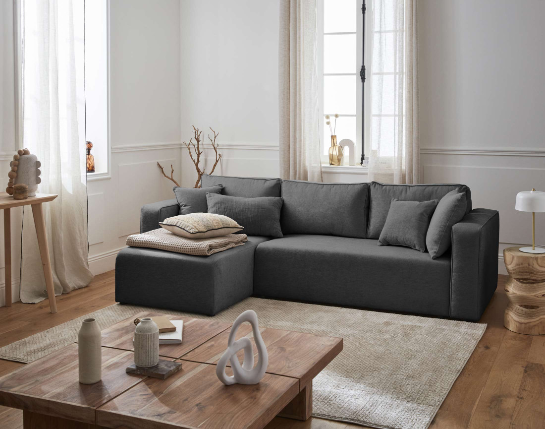 Canapé d'angle réversible 4 places convertible avec coffre en tissu Topaze