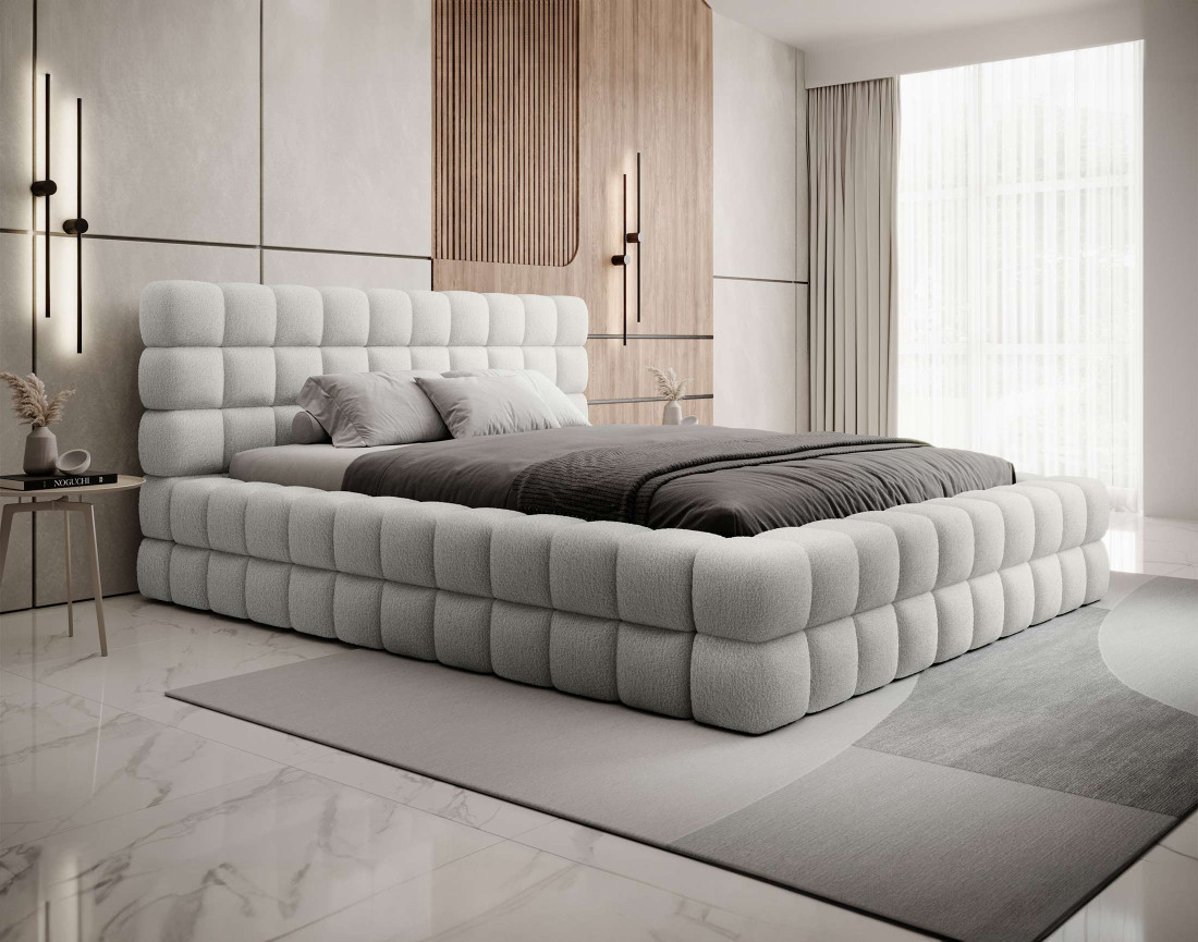 Lit coffre 140x200 cm sommier inclus en tissu bouclette Kingston