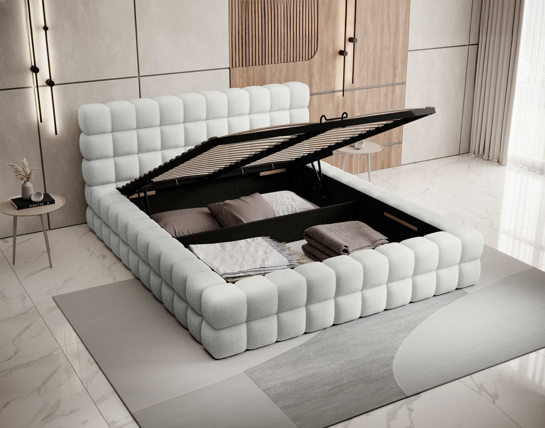 Lit coffre 140x200 cm sommier inclus en tissu bouclette Kingston