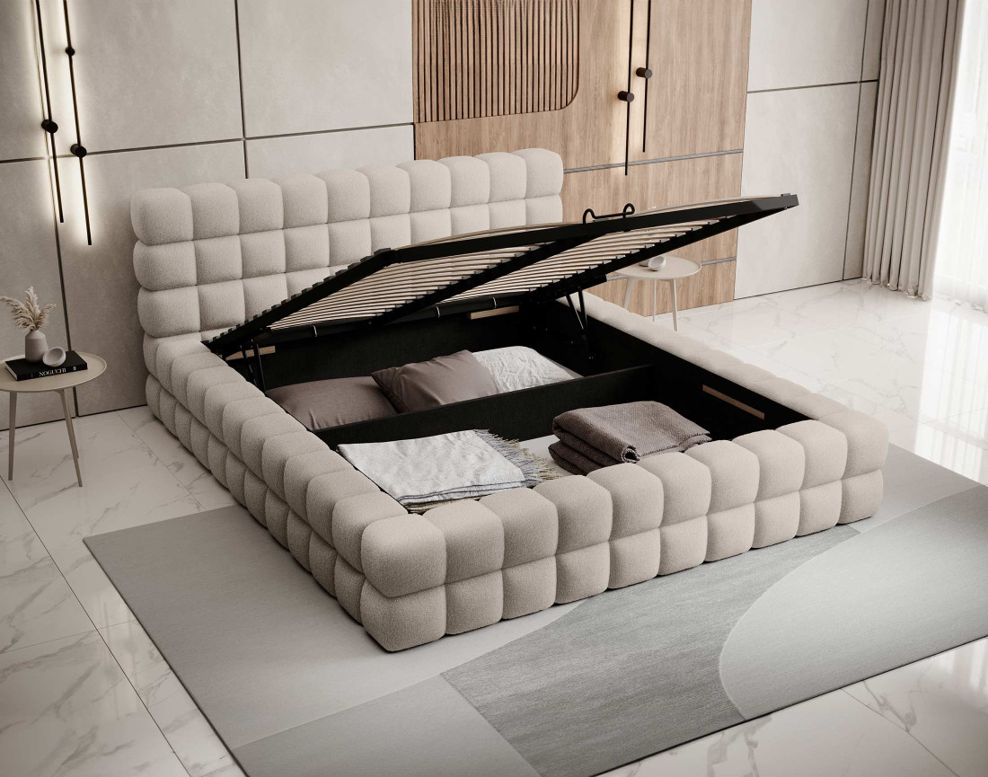 Lit coffre 160x200 cm sommier inclus en tissu bouclette Kingston