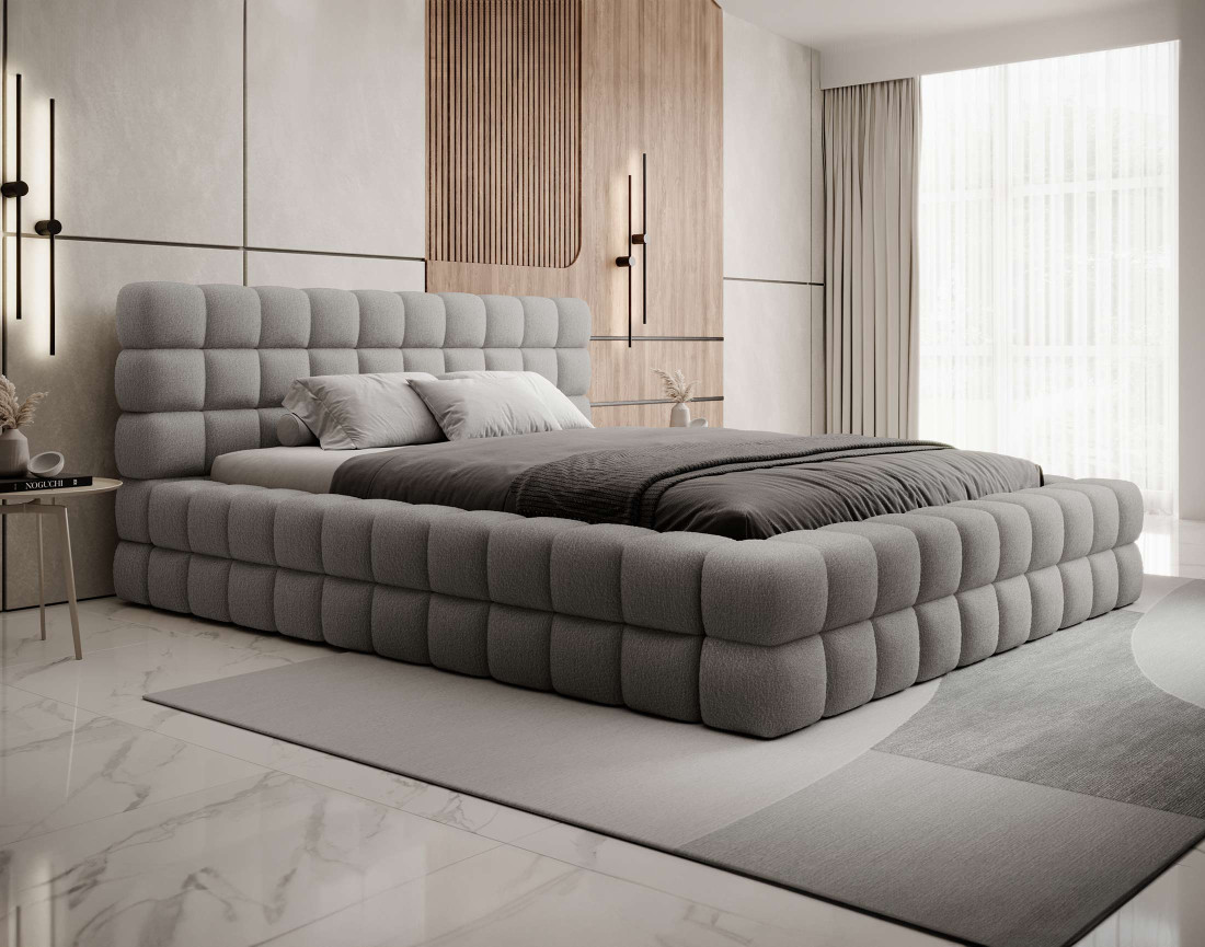 Lit coffre 180x200 cm sommier inclus en tissu bouclette Kingston