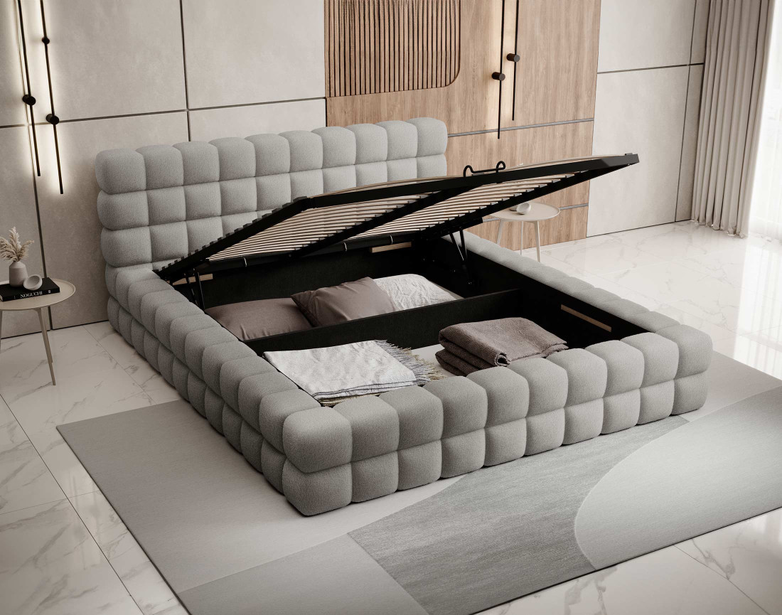 Lit coffre 180x200 cm sommier inclus en tissu bouclette Kingston