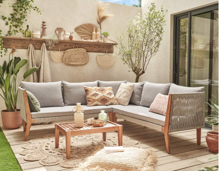 Salon bas de jardin 5 places en bois, corde et coussins gris Papua