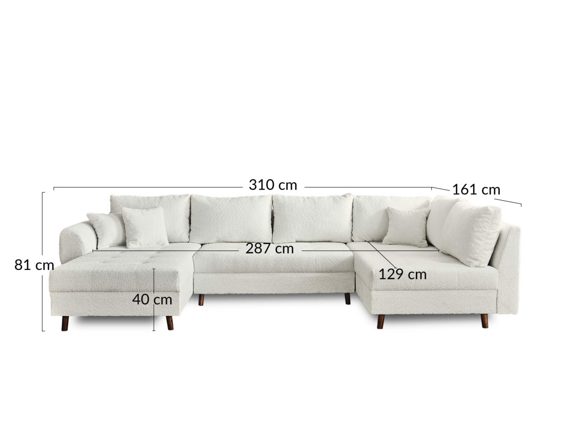 Canapé panoramique d'angle droit 7 places avec pouf d'appoint en tissu bouclette Rune
