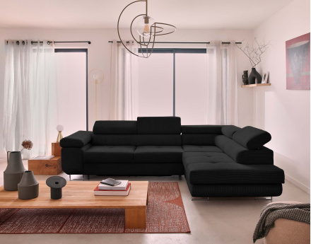 Canapé d'angle droit convertible avec coffre et têtières 5 places en velours côtelé Zaria