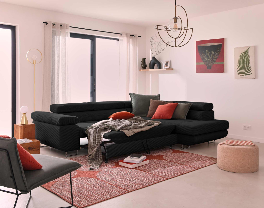 Canapé d'angle droit convertible avec coffre et têtières 5 places en velours côtelé Zaria