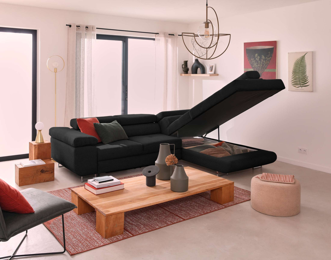 Canapé d'angle droit convertible avec coffre et têtières 5 places en velours côtelé Zaria