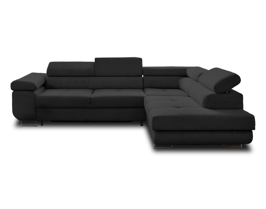 Canapé d'angle droit convertible avec coffre et têtières 5 places en velours côtelé Zaria