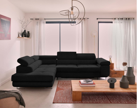 Canapé d'angle gauche convertible avec coffre et têtières 5 places en velours côtelé Zaria