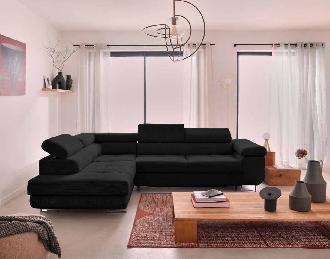 Canapé d'angle gauche convertible avec coffre et têtières 5 places en velours côtelé Zaria