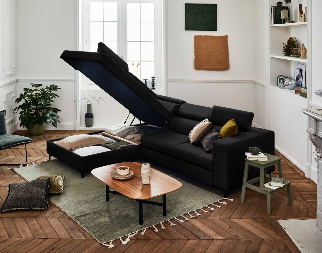 Canapé d'angle gauche 5 places convertible avec coffre et têtières en tissu Olinda