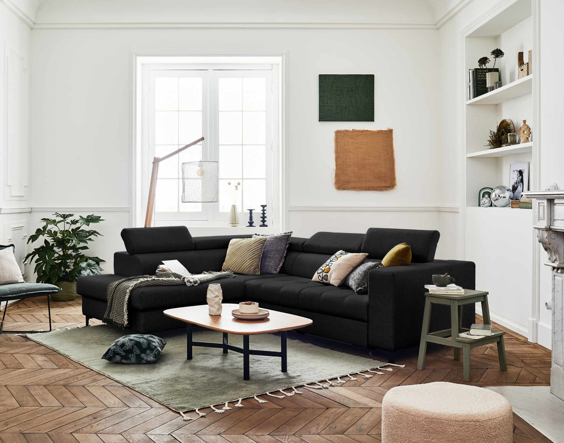 Canapé d'angle gauche 5 places convertible avec coffre et têtières en tissu Olinda