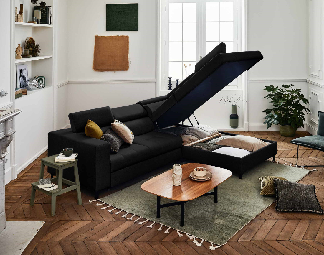 Canapé d'angle gauche 5 places convertible avec coffre et têtières réglables en tissu Olinda