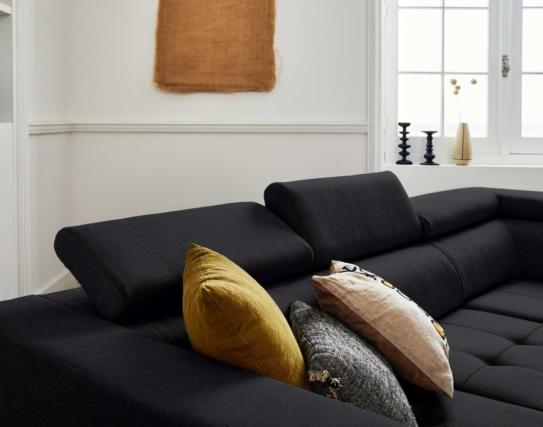 Canapé d'angle gauche 5 places convertible avec coffre et têtières réglables en tissu Olinda