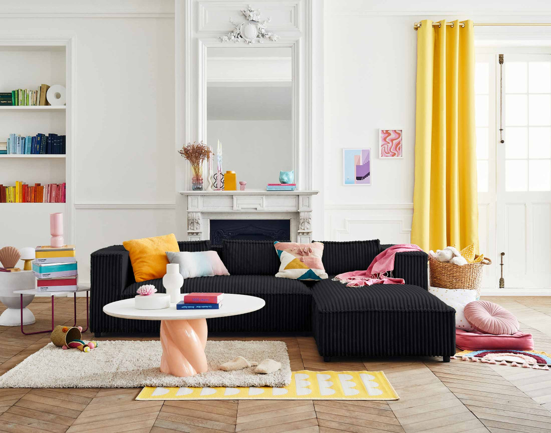 Canapé d'angle droit 4 places en velours côtelé grosses côtes Stella