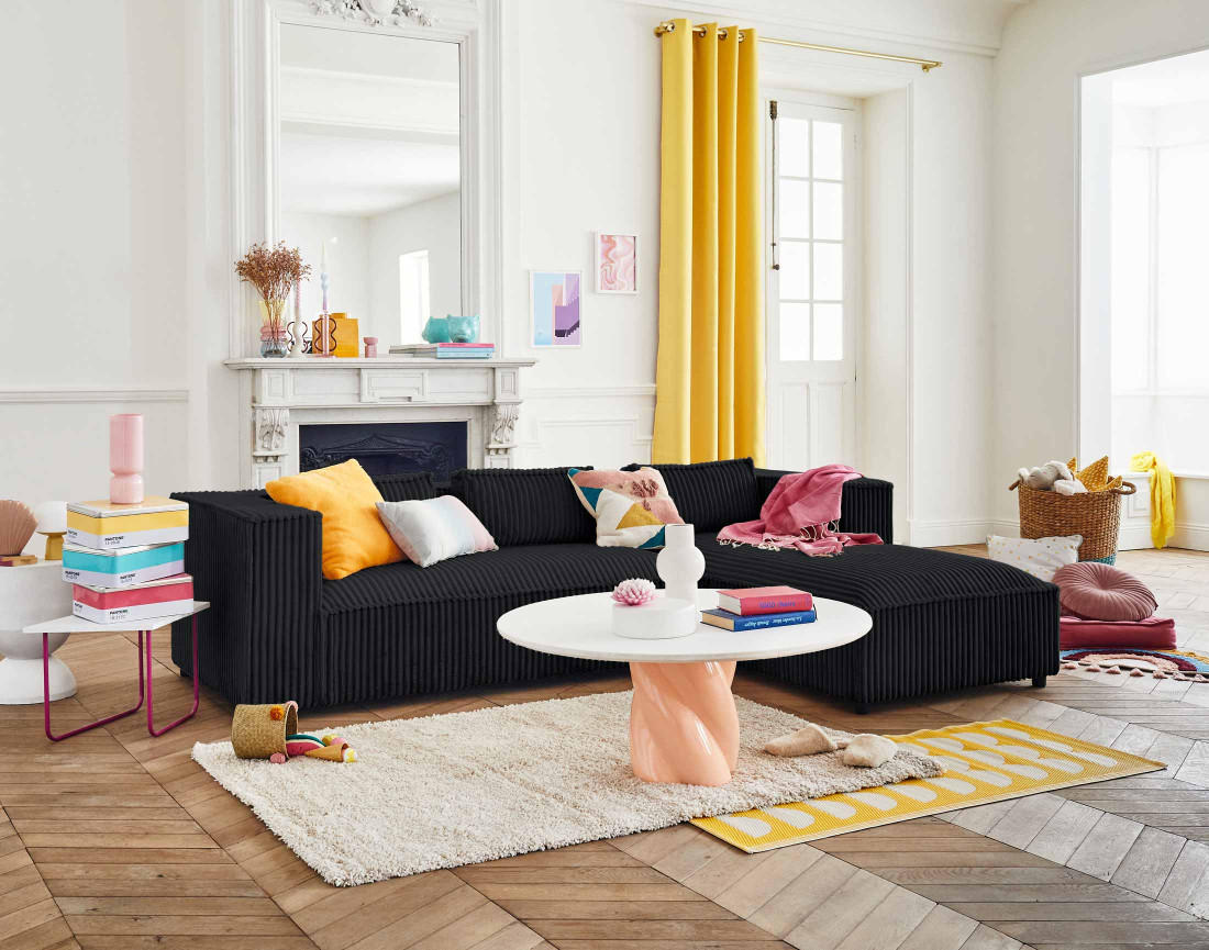 Canapé d'angle droit 4 places en velours côtelé grosses côtes Stella