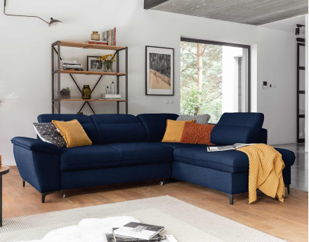 Canapé d'angle droit 5 places convertible avec coffre et têtières en tissu Clever