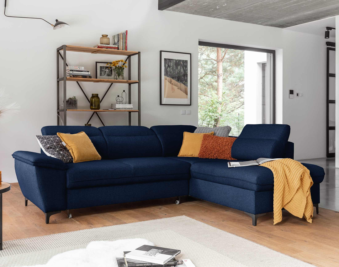 Canapé d'angle droit 5 places convertible avec coffre et têtières en tissu Clever