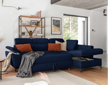 Canapé d'angle droit 5 places convertible avec coffre et têtières en tissu Clever