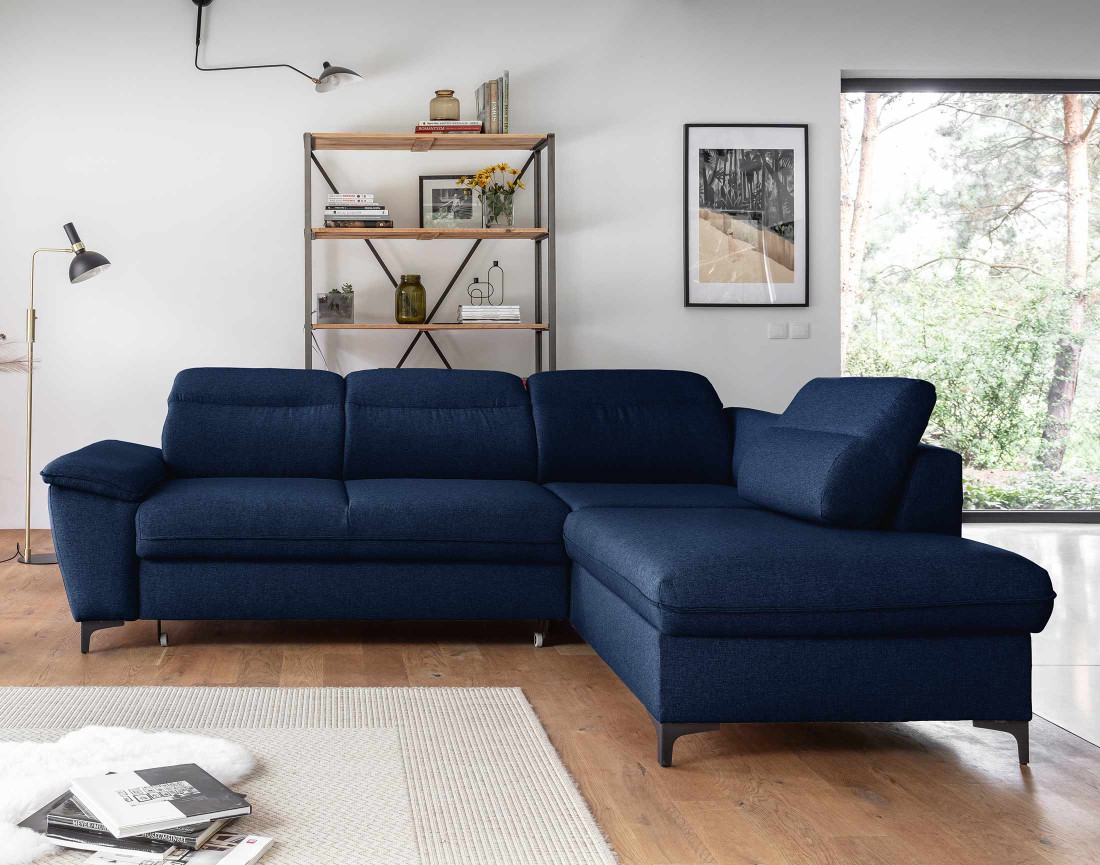 Canapé d'angle droit 5 places convertible avec coffre et têtières en tissu Clever