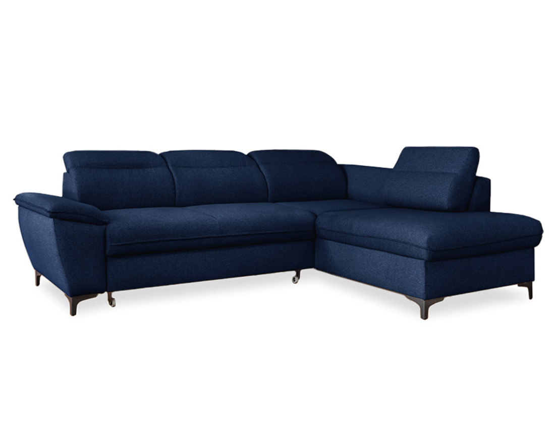 Canapé d'angle droit 5 places convertible avec coffre et têtières en tissu Clever