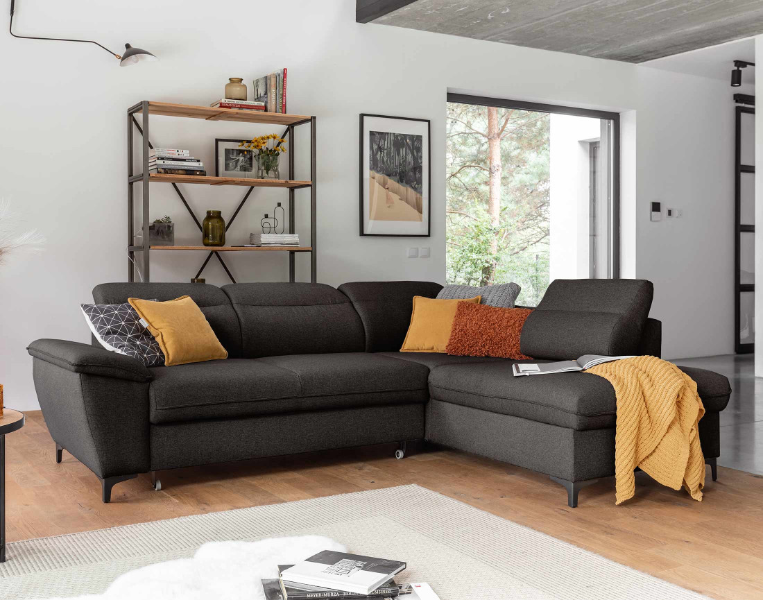 Canapé d'angle droit 5 places convertible avec coffre et têtières en tissu Clever