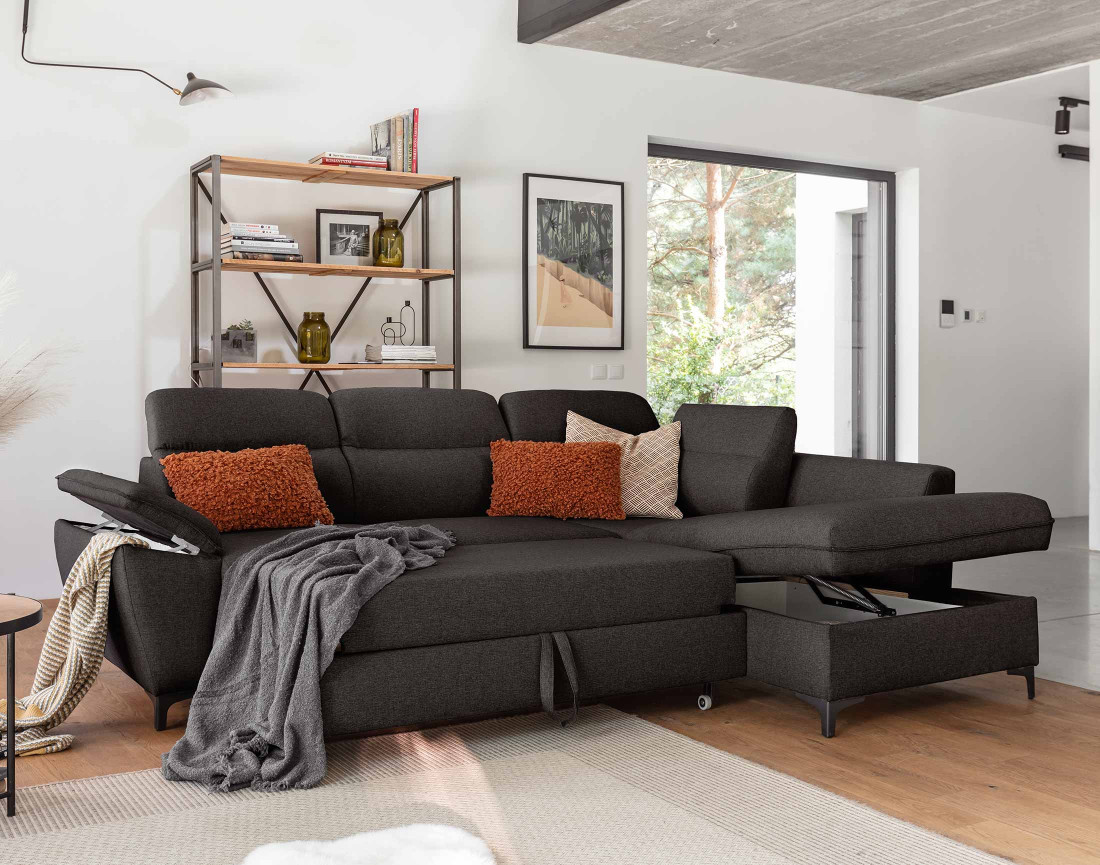 Canapé d'angle droit 5 places convertible avec coffre et têtières en tissu Clever