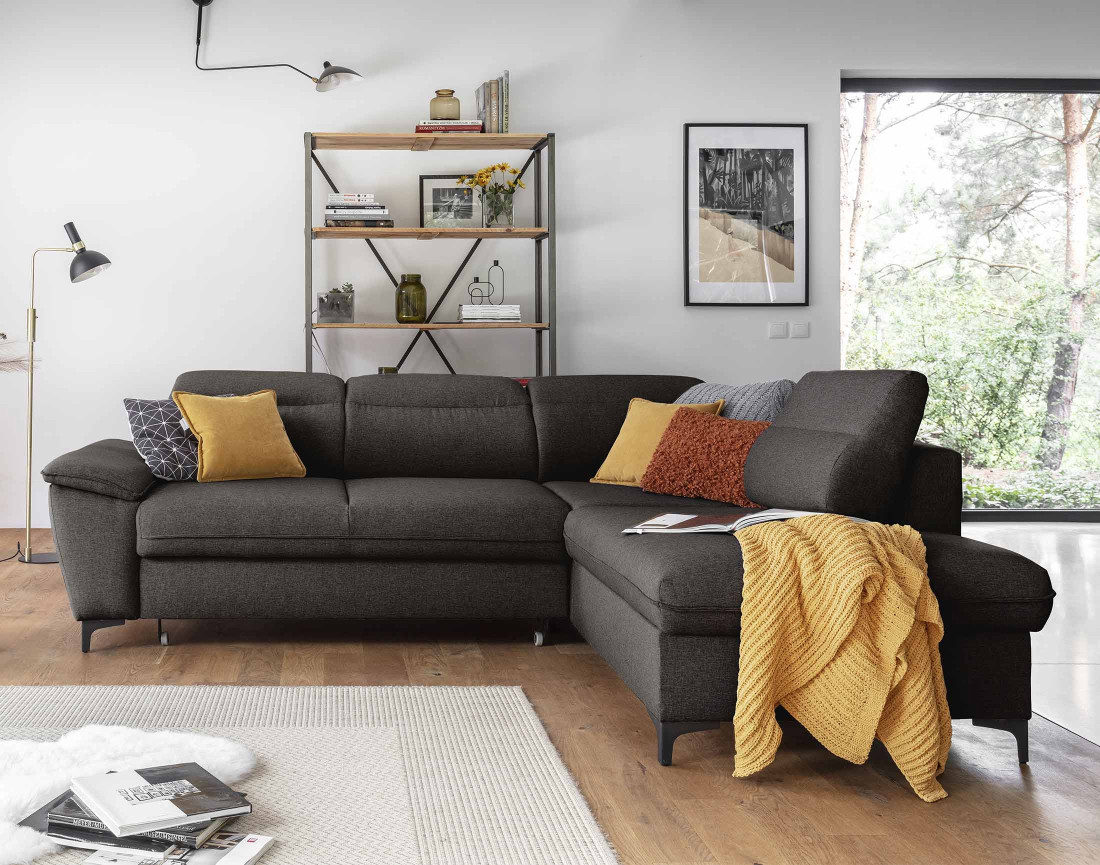 Canapé d'angle droit 5 places convertible avec coffre et têtières en tissu Clever