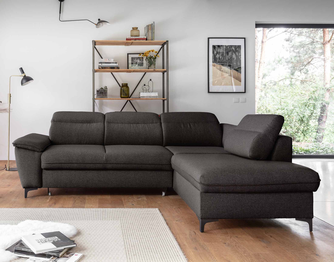 Canapé d'angle droit 5 places convertible avec coffre et têtières en tissu Clever