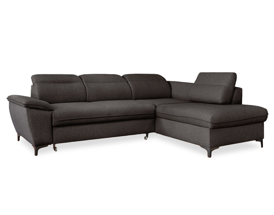 Canapé d'angle droit 5 places convertible avec coffre et têtières en tissu Clever