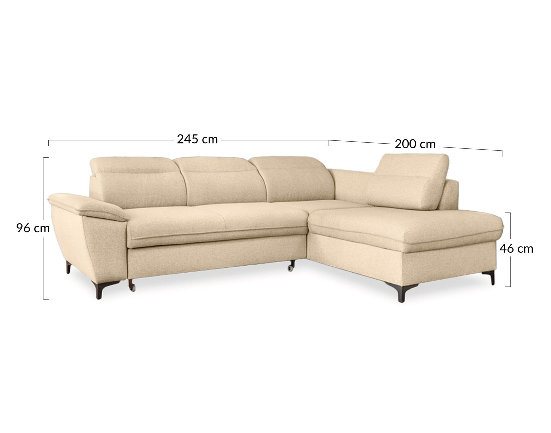 Canapé d'angle droit 5 places convertible avec coffre et têtières en tissu Clever