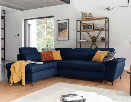 Canapé d'angle gauche 5 places convertible avec coffre et têtières en tissu Clever