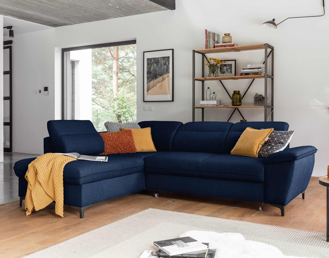 Canapé d'angle gauche 5 places convertible avec coffre et têtières en tissu Clever