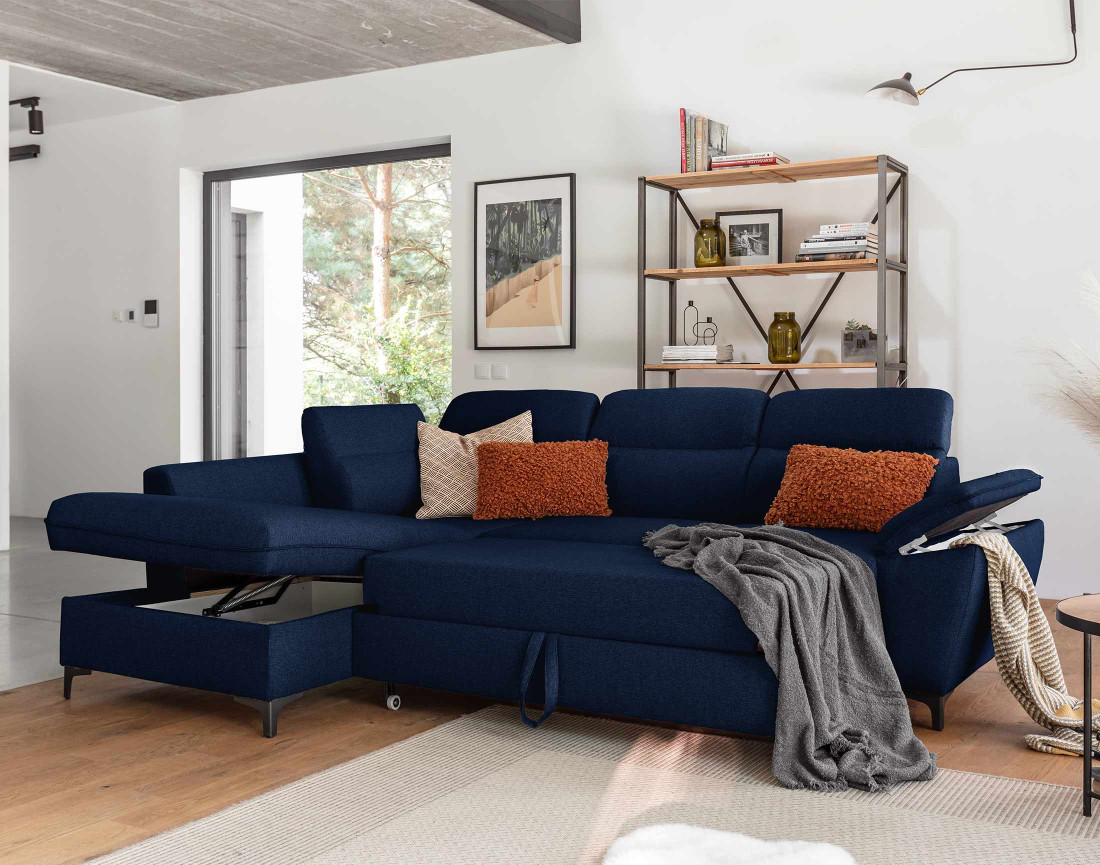 Canapé d'angle gauche 5 places convertible avec coffre et têtières en tissu Clever