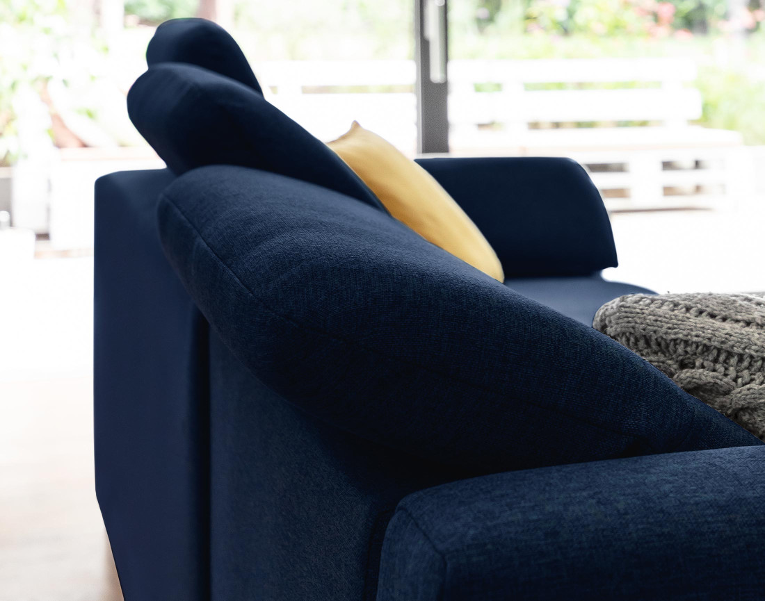 Canapé d'angle gauche 5 places convertible avec coffre et têtières en tissu Clever