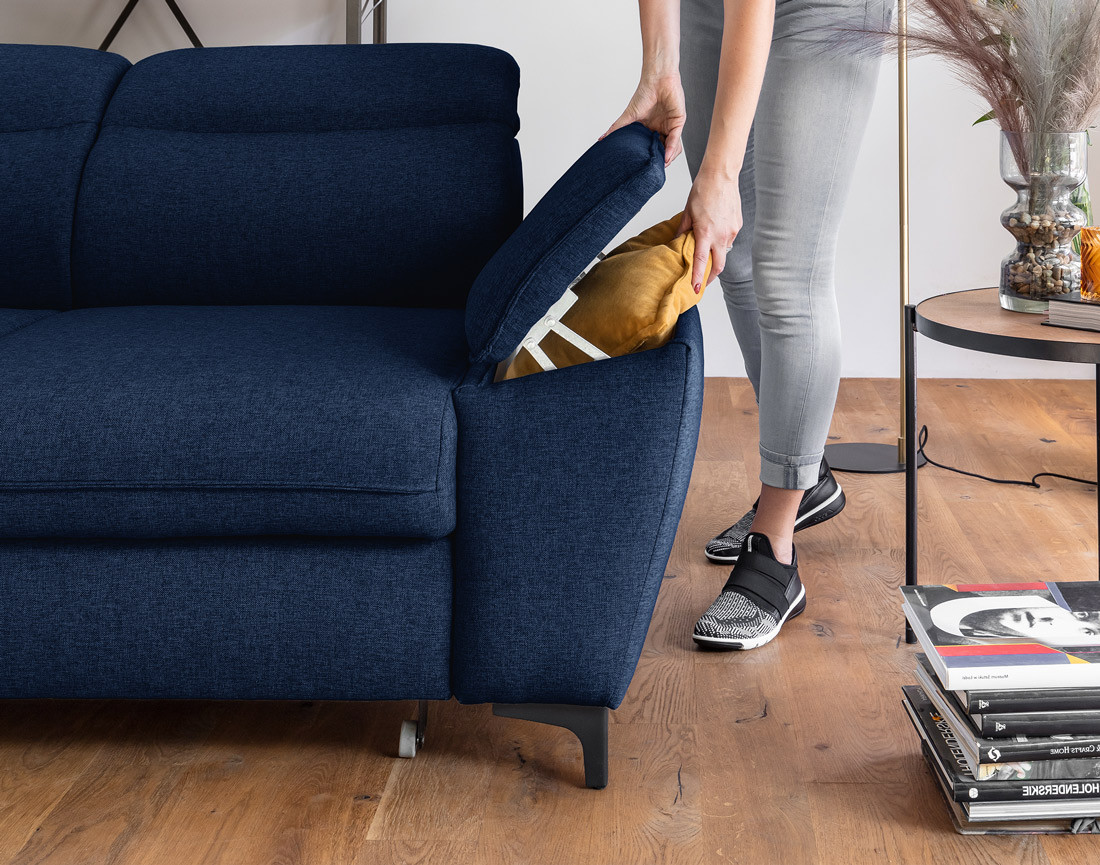 Canapé d'angle gauche 5 places convertible avec coffre et têtières en tissu Clever