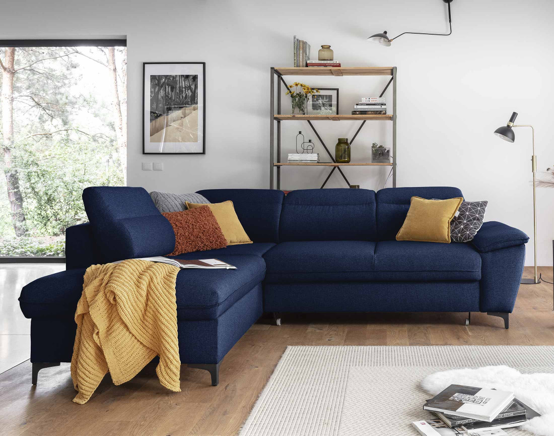 Canapé d'angle gauche 5 places convertible avec coffre et têtières en tissu Clever