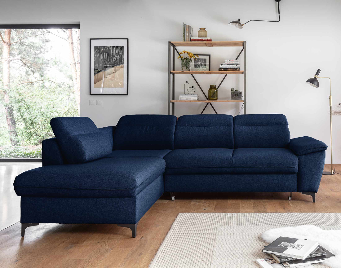 Canapé d'angle gauche 5 places convertible avec coffre et têtières en tissu Clever