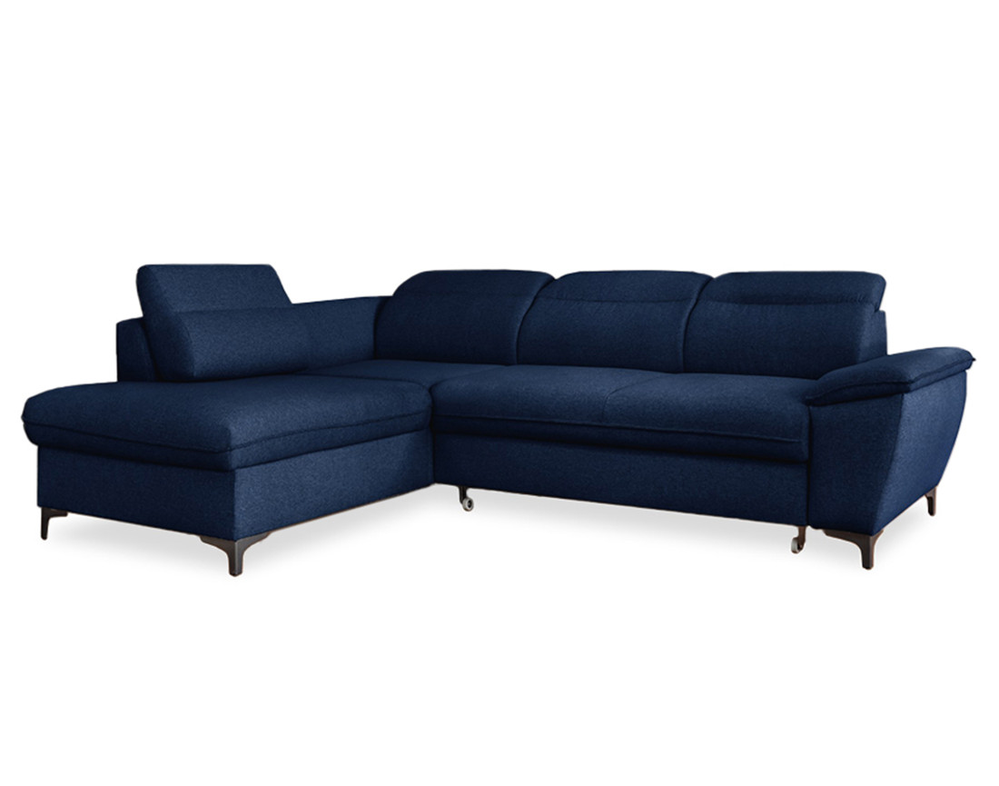 Canapé d'angle gauche 5 places convertible avec coffre et têtières en tissu Clever