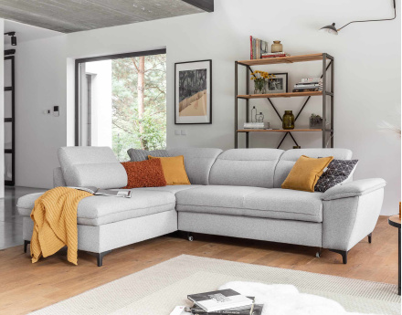 Canapé d'angle gauche 5 places convertible avec coffre et têtières en tissu Clever