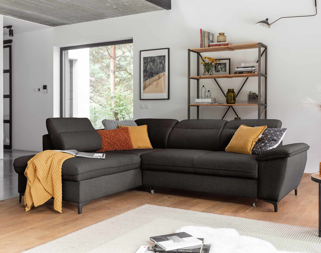 Canapé d'angle gauche 5 places convertible avec coffre et têtières en tissu Clever