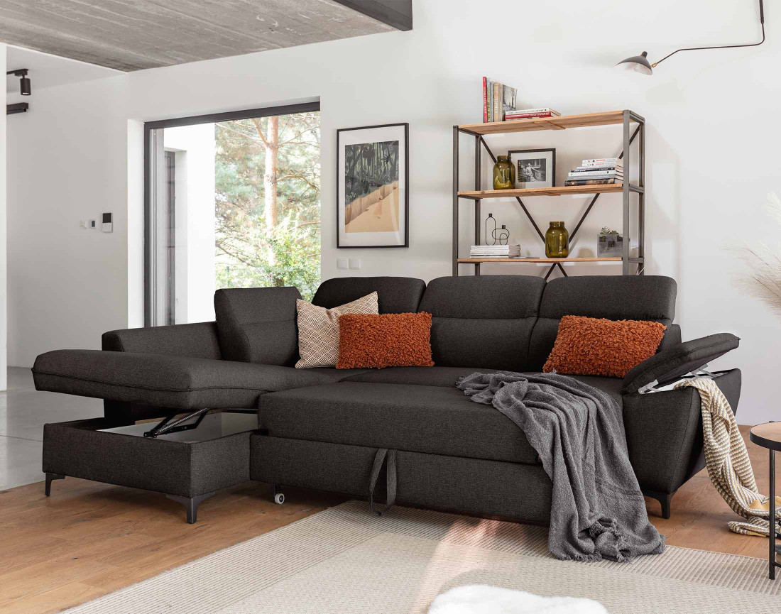 Canapé d'angle gauche 5 places convertible avec coffre et têtières en tissu Clever