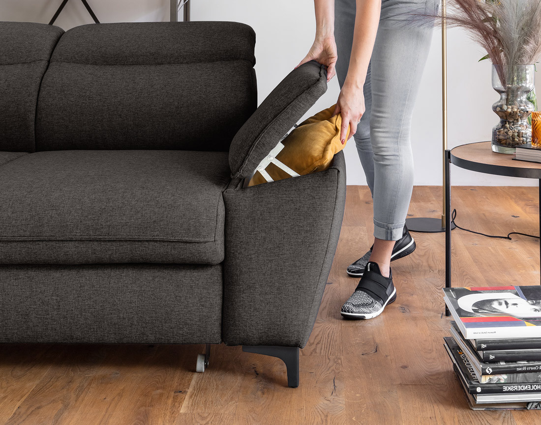 Canapé d'angle gauche 5 places convertible avec coffre et têtières en tissu Clever