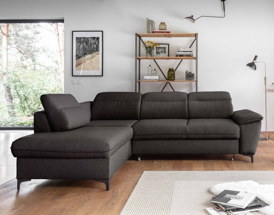 Canapé d'angle gauche 5 places convertible avec coffre et têtières en tissu Clever