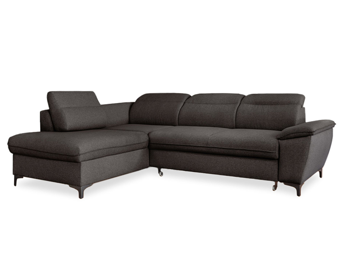 Canapé d'angle gauche 5 places convertible avec coffre et têtières en tissu Clever