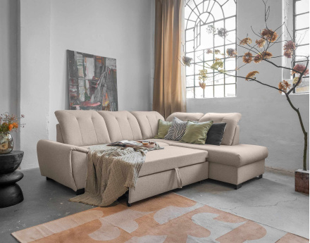 Canapé d'angle droit 5 places convertible avec coffre et têtières en tissu Paul