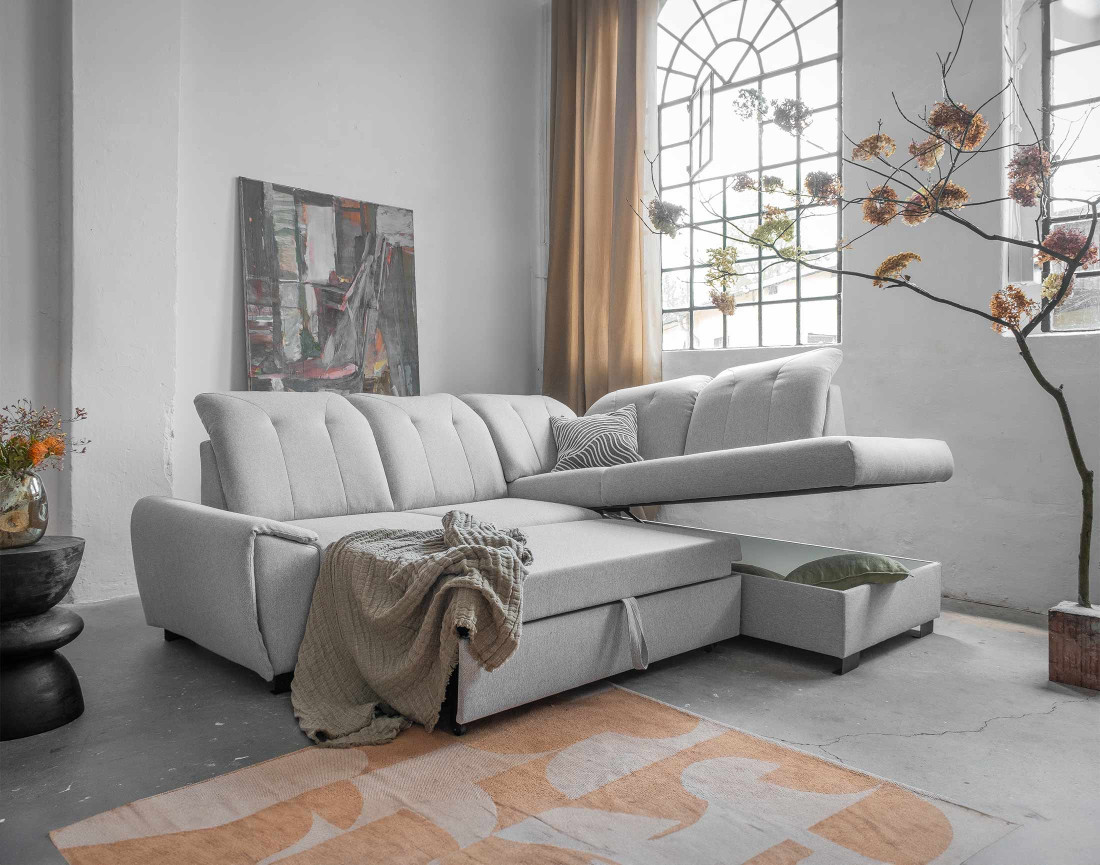 Canapé d'angle droit 5 places convertible avec coffre et têtières en tissu Paul