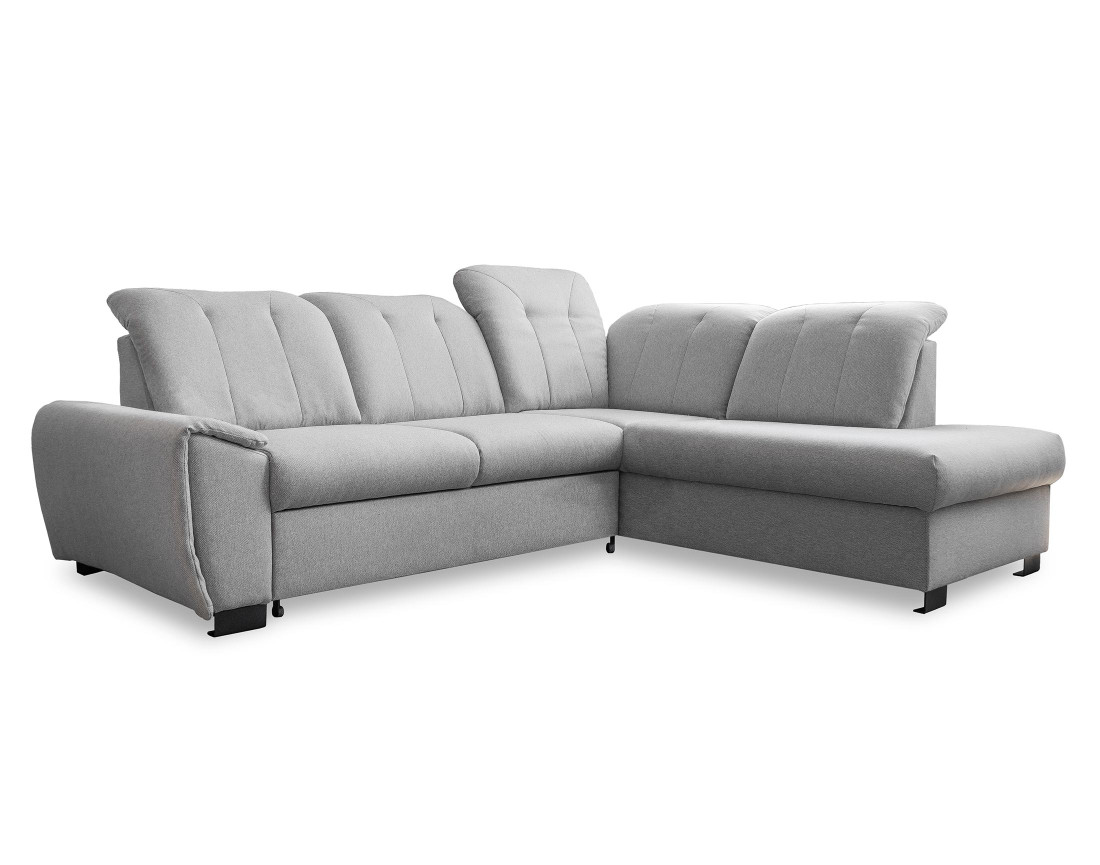 Canapé d'angle droit 5 places convertible avec coffre et têtières en tissu Paul