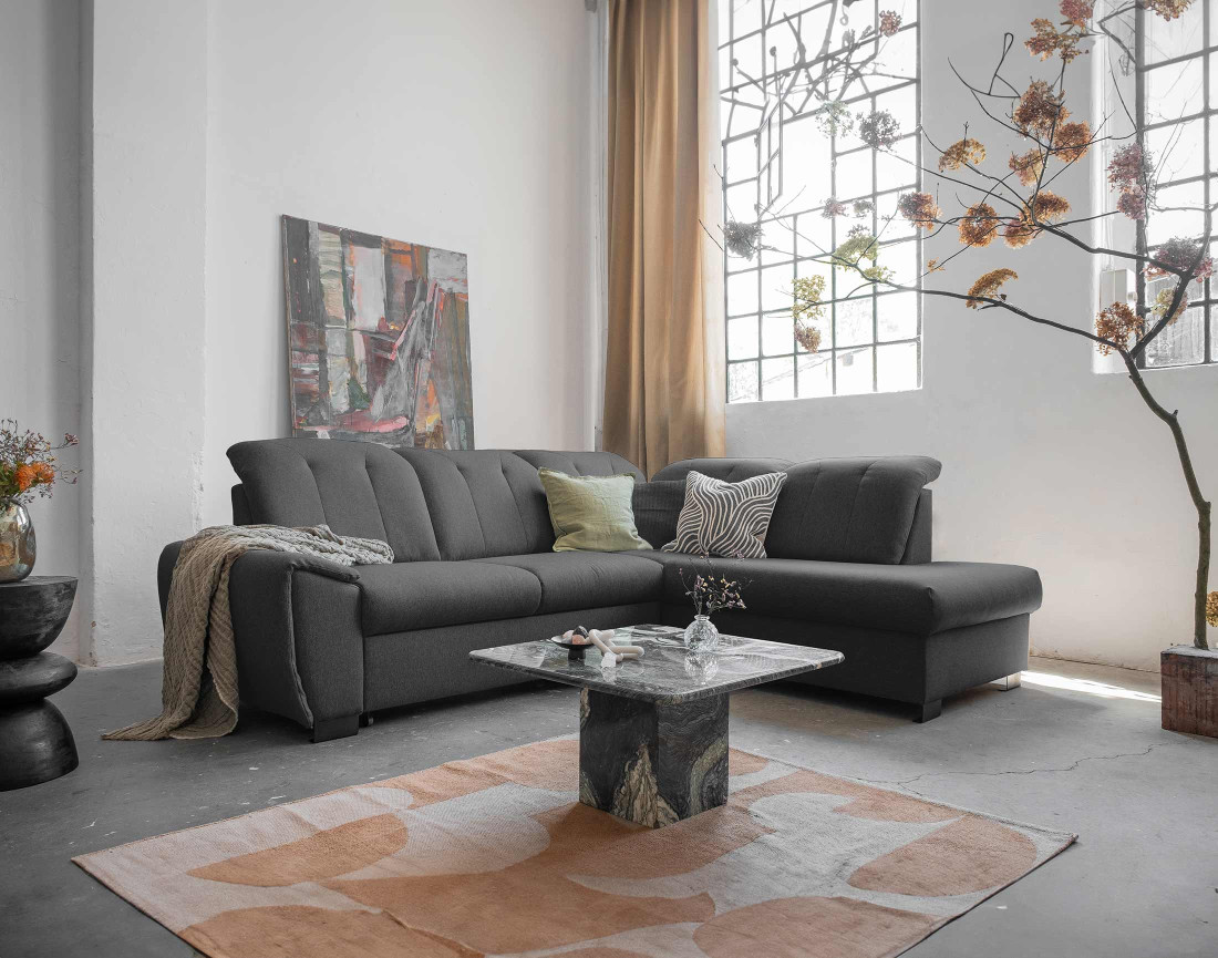 Canapé d'angle droit 5 places convertible avec coffre et têtières en tissu Paul